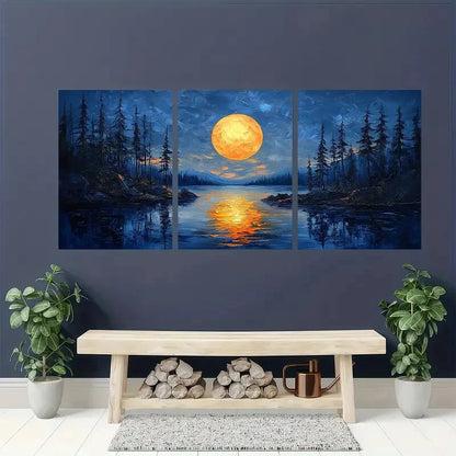 3pcs Abstract Landscape Painting Night Lake Metal Print Ready to Hang Art