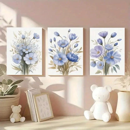 3pcs Blue Flowers Botanical Painting Metal Print Ready to Hang Art
