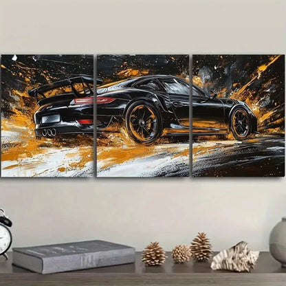 3pcs Black Sports Car Metal Print Ready to Hang Art