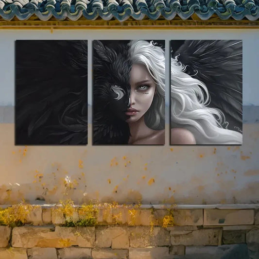 3pcs Black and White Angel Wings Design Metal Print Ready to Hang Art