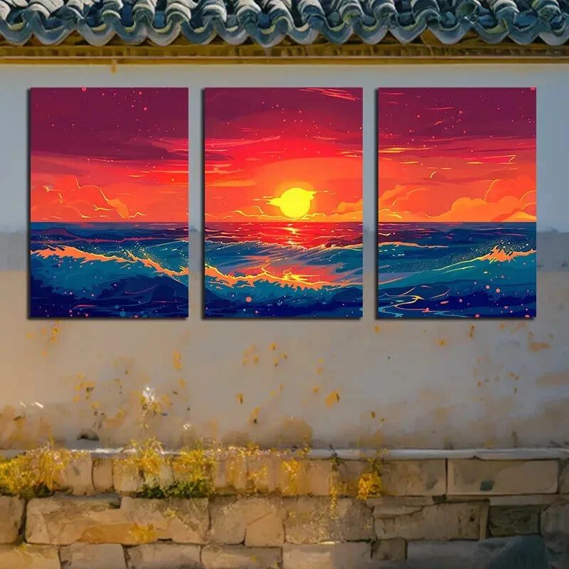 3pcs Ocean Sunset Scene Sea at Dusk Theme Metal Print Ready to Hang Art