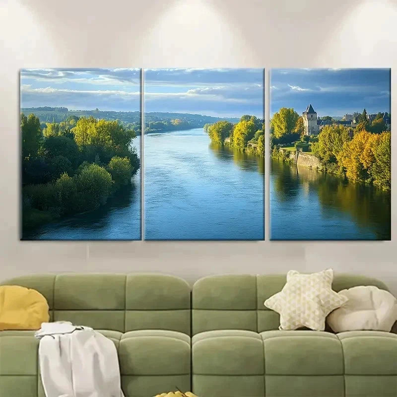 3pcs Champagne Ardenne River RE Wall Art Set Canvas Framed 60x90cm - High Quality Print 100% Australian Made Wall Canvas Ready to Hang