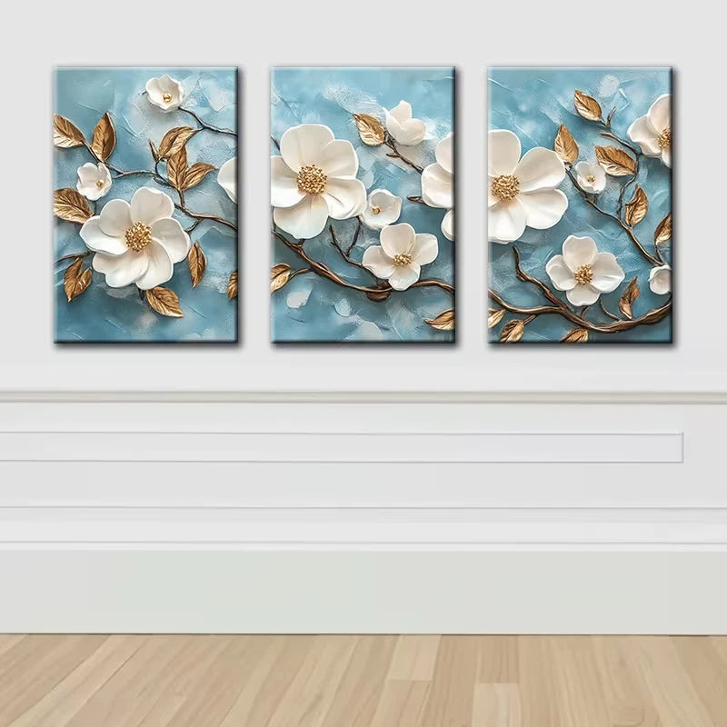 3pcs Beautiful White Florals and Golden Leaves Wall Art Set Canvas Framed 50x70cm - High Quality Print 100% Australian Made Wall Canvas Ready to Hang