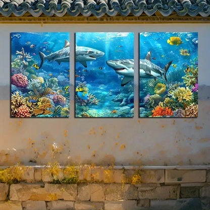 3pcs Underwater Sharks and Coral Reefs Design Metal Print Ready to Hang Art