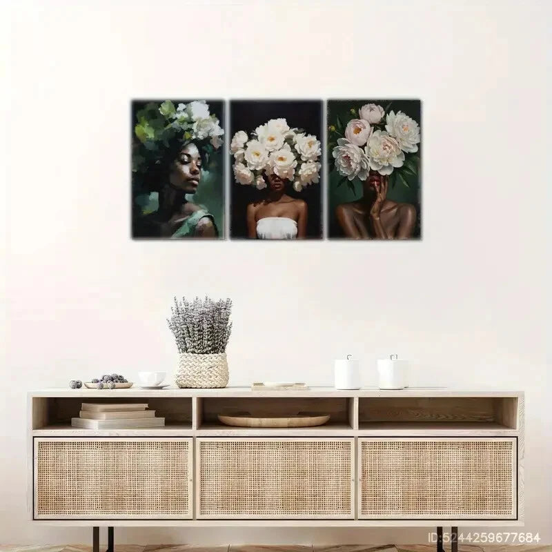 3pcs Exquisite Portrait Art Posters Floral Metal Print Ready to Hang Art