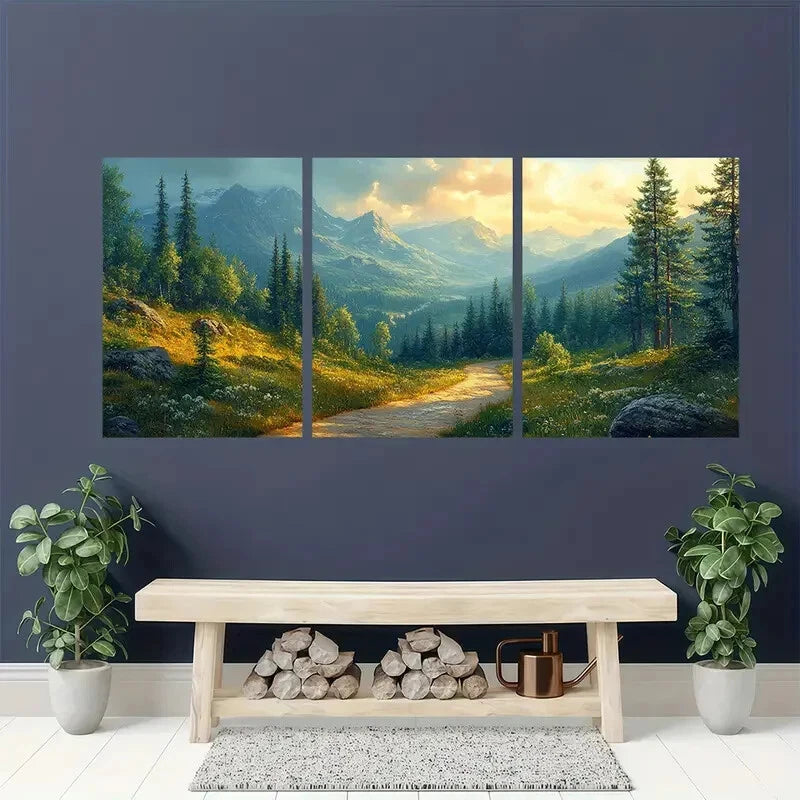 3pcs Forest Landscape with Mountain Path Metal Print Ready to Hang Art