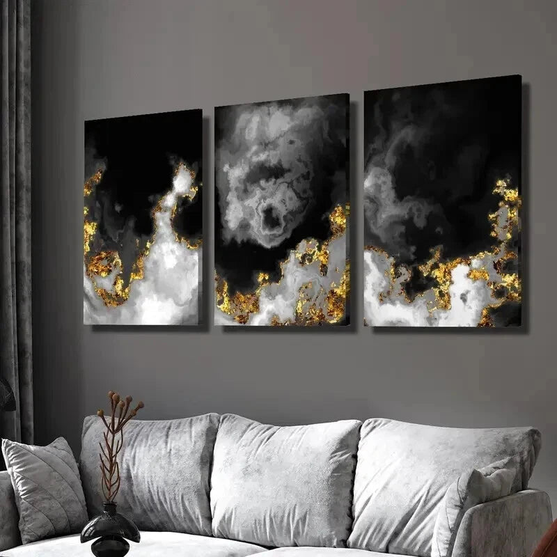 3pcs Black and Gold Abstract Space Clouds Wall Art Set Canvas Framed 40x60cm - High Quality Print 100% Australian Made Wall Canvas Ready to Hang