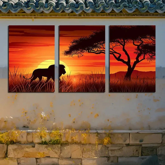 3pcs Lion on The Grassland Illustration Metal Print Ready to Hang Art