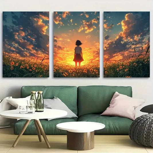 3pcs Serene Sunflower Field at Sunset Metal Print Ready to Hang Art