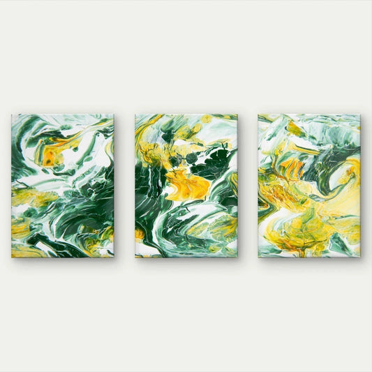 3pcs Abstract Green and Yellow Fluid Paint Wall Art Set Canvas Framed 40x60cm - High Quality Print 100% Australian Made Wall Canvas Ready to Hang