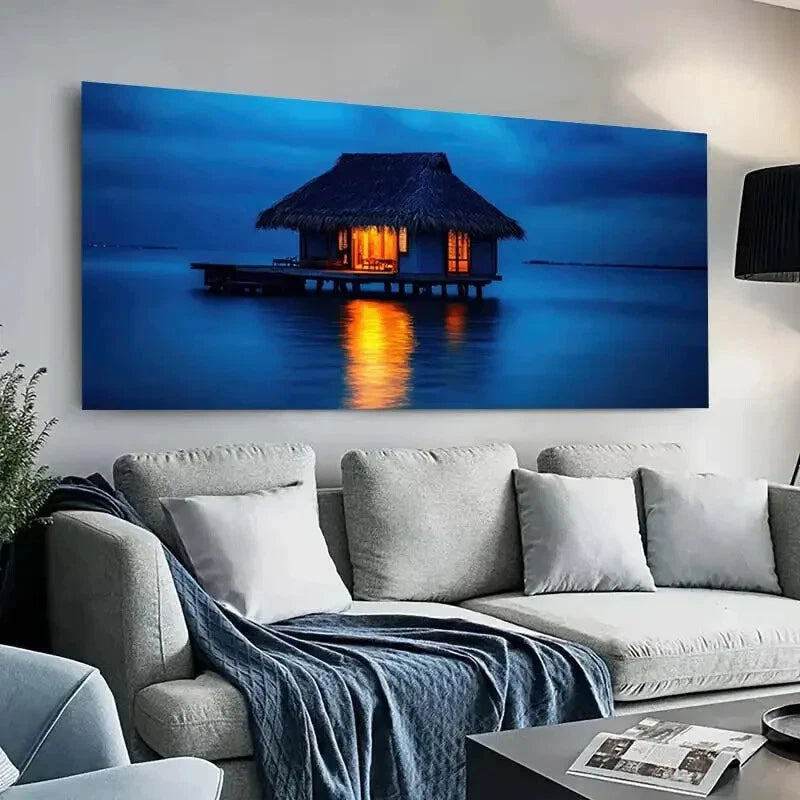 Lake Bungalow Glow Sunset wall canvas office home room framed 120x60cm - Bella Home Decor