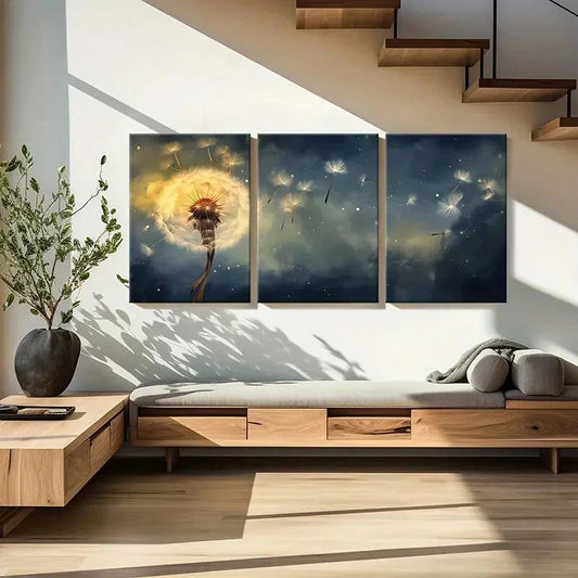 3pcs Dandelion Night Sky Glowing Seeds Ethereal Metal Print Ready to Hang Art