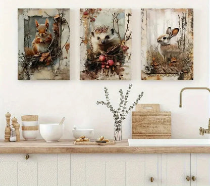 3pcs Rabbits Squirrels Hedgehogs Metal Print Ready to Hang Art
