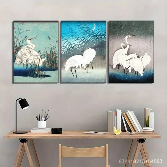 3pcs White Crane Animal Art Decoration Scenery Metal Print Ready to Hang Art