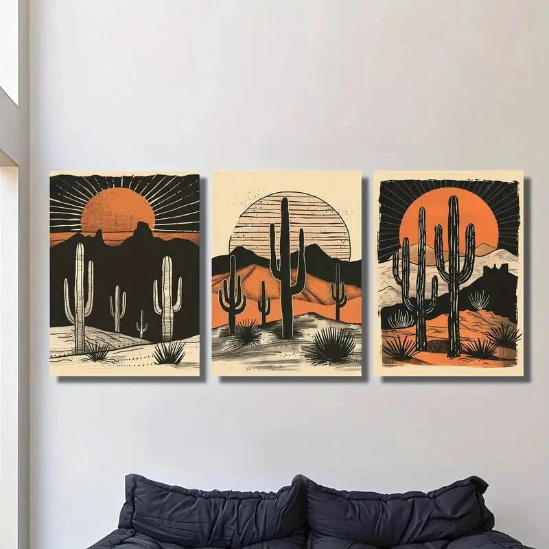 3pcs Desert Cactus Sunset Metal Print Ready to Hang Art