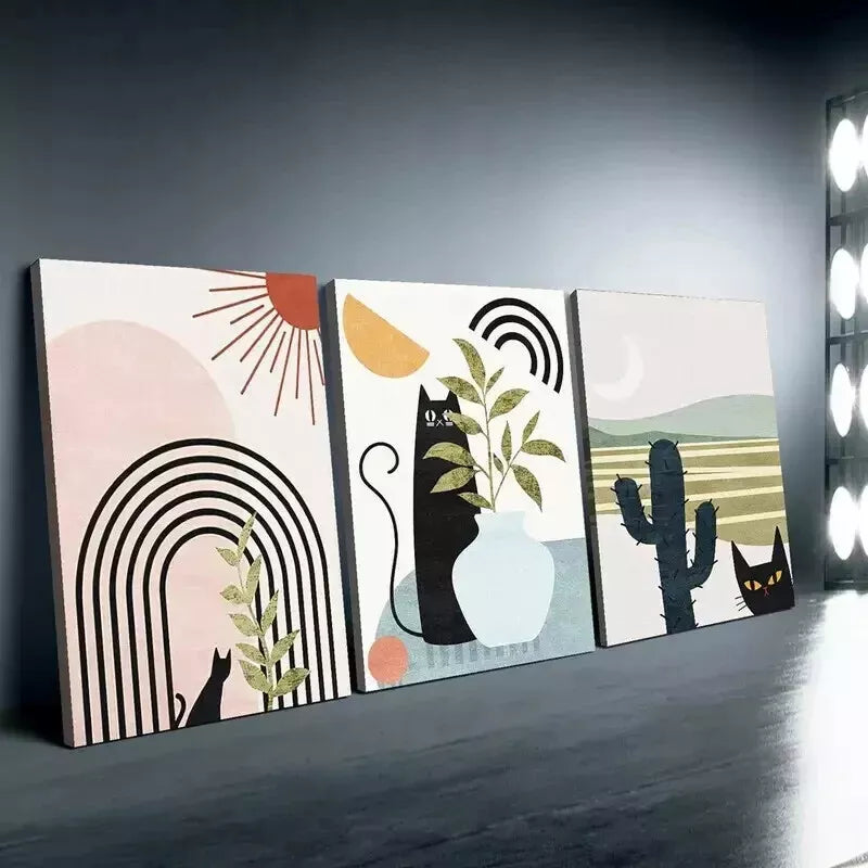 3pcs Minimalist Cats, Geometric Lines & Celestial  Wall Art Set Canvas Framed 50x70cm - High Quality Print 100% Australian Made Wall Canvas Ready to Hang