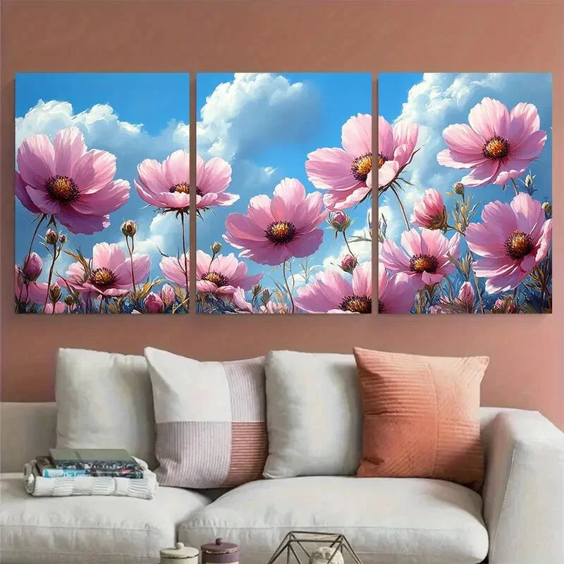 3pcs Blush Pink Cosmos Flowers Summer Sky Metal Print Ready to Hang Art