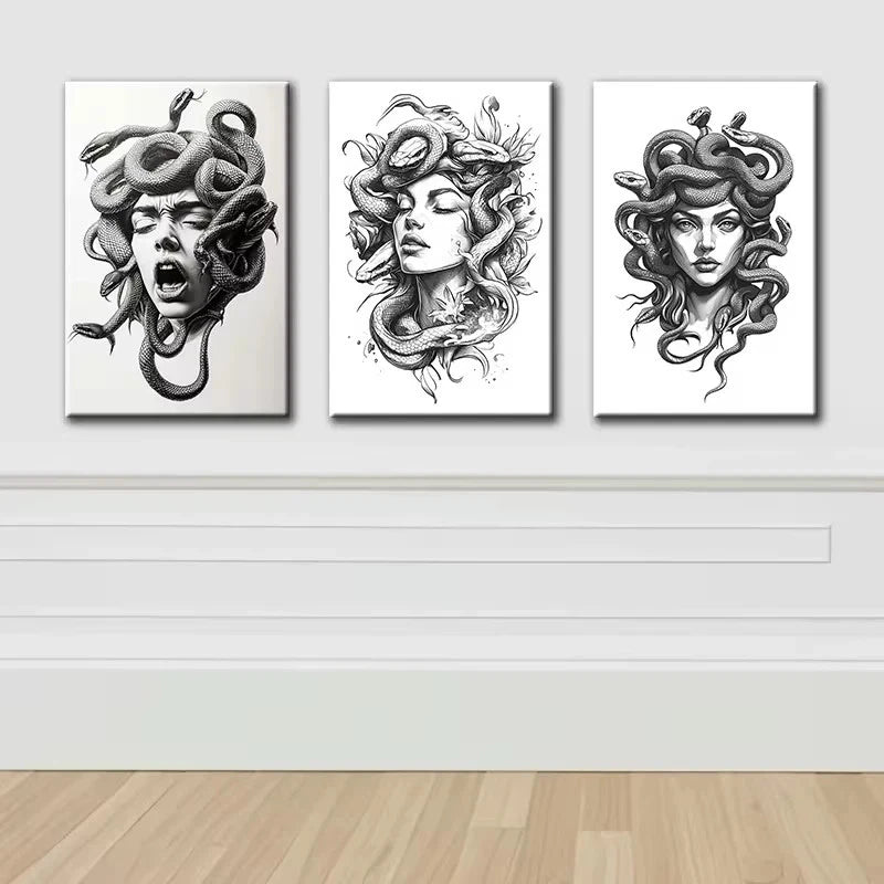 3pcs Medusa Head Mythical Gorgon Portraits Wall Art Set Canvas Framed 60x90cm - High Quality Print 100% Australian Made Wall Canvas Ready to Hang