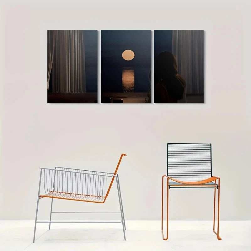 3pcs Moonlit Serene Nighttime Scene Full Moon Metal Print Ready to Hang Art