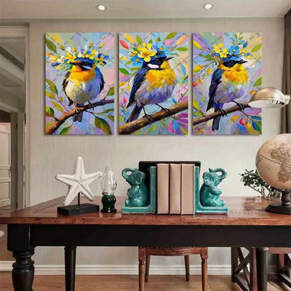3pcs Vibrant Colorful Birds & Cherry Blossom Metal Print Ready to Hang Art