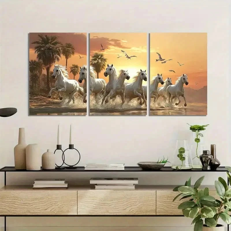 3pcs White Horses Running in Desert Sunset Metal Print Ready to Hang Art