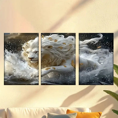 3pcs a white lion running through water Wall Art Set Canvas Framed 60x90cm - High Quality Print 100% Australian Made Wall Canvas Ready to Hang