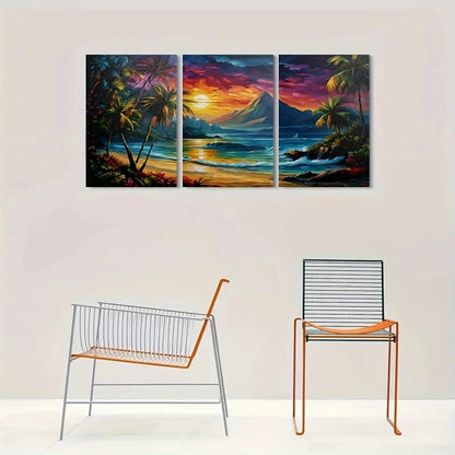 3pcs Sunset Beach Palm Trees Painting Metal Print Ready to Hang Art