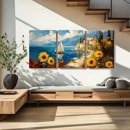 3pcs Island Scenery Sailing Boat Sunflowers Wall Art Set Canvas Framed 40x60cm - High Quality Print 100% Australian Made Wall Canvas Ready to Hang
