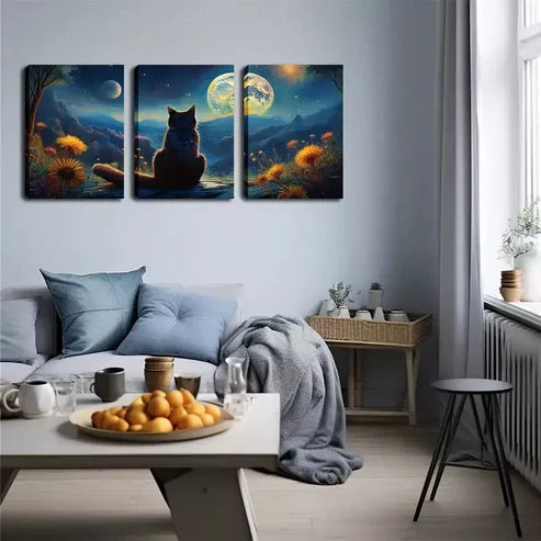 3pcs Black Cat Back, Moon, Wall Art Canvas Unframed - High Quality Print 100% Australian Made Wall Canvas