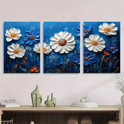 3pcs Vibrant Blue & White Daisy Modern Wildflower Metal Print Ready to Hang Art