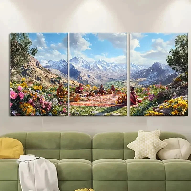 3pcs Vibrant Kurdish Mountain Landscape Floral Metal Print Ready to Hang Art