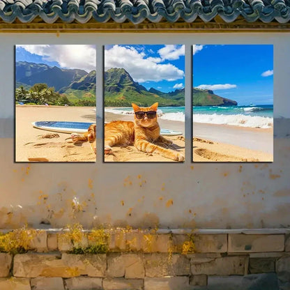 3pcs Charming Cat Surfing on a Surfboard in Bali Metal Print Ready to Hang Art