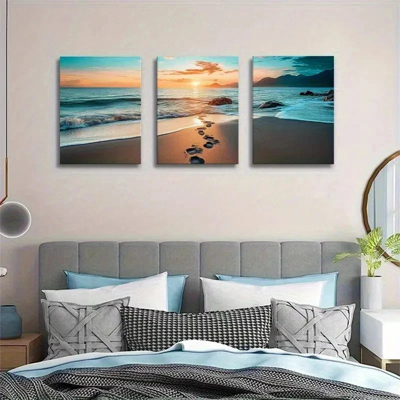 3pcs Coastal Waves Footprint Tropical Landscape Metal Print Ready to Hang Art