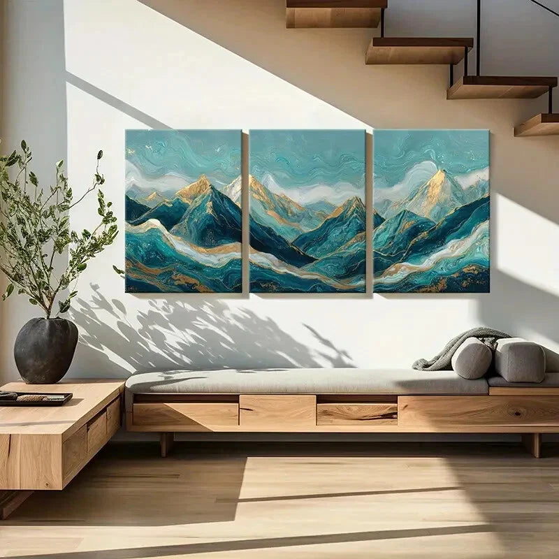 3pcs Abstract Mountain Landscape Golden Peaks Metal Print Ready to Hang Art