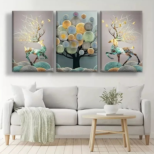 3pcs Abstract Chinese Feng Shui Golden Rich Tree Canvas Framed 40x60cm - High Quality Print 100% Australian Made Wall Canvas Ready to Hang
