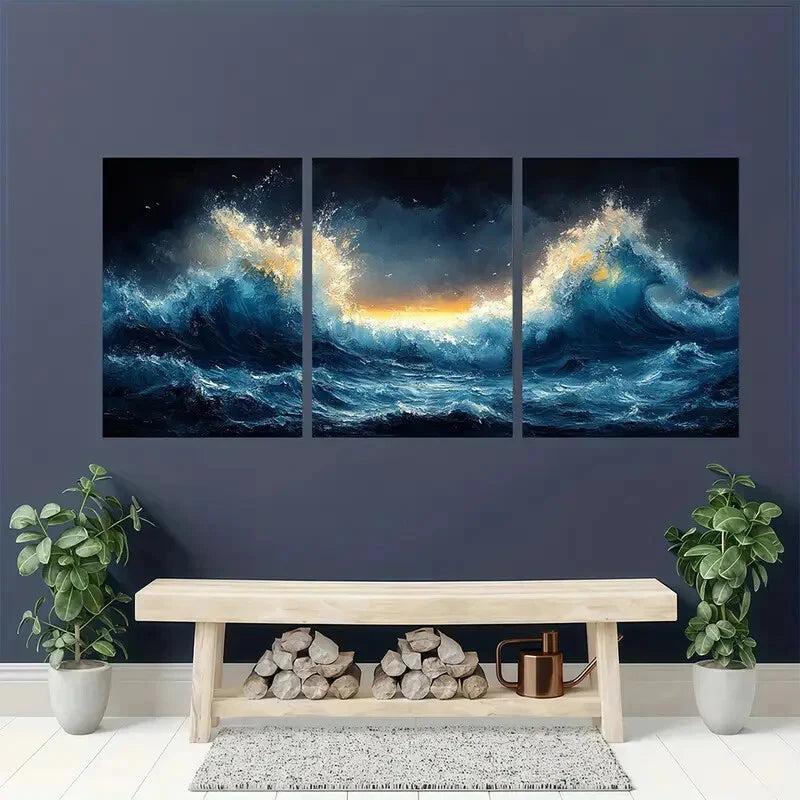 3pcs Blue and Dynamic Ocean Waves Painting Metal Print Ready to Hang Art
