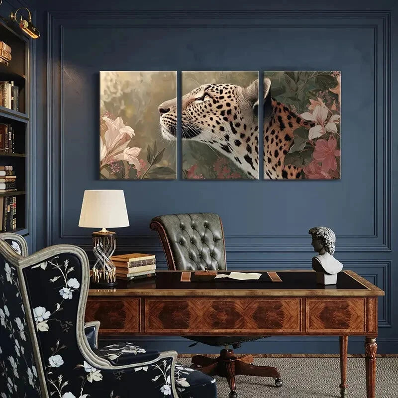 3pcs Leopard Artwork Floral Surroundings Metal Print Ready to Hang Art