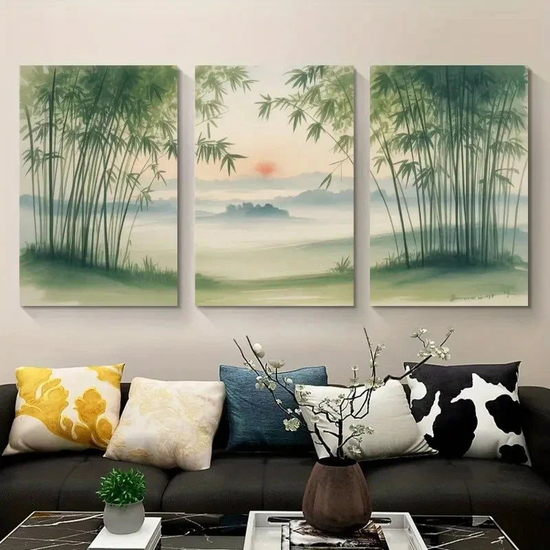 3pcs Serene Pine Trees & Misty Landscape Metal Print Ready to Hang Art