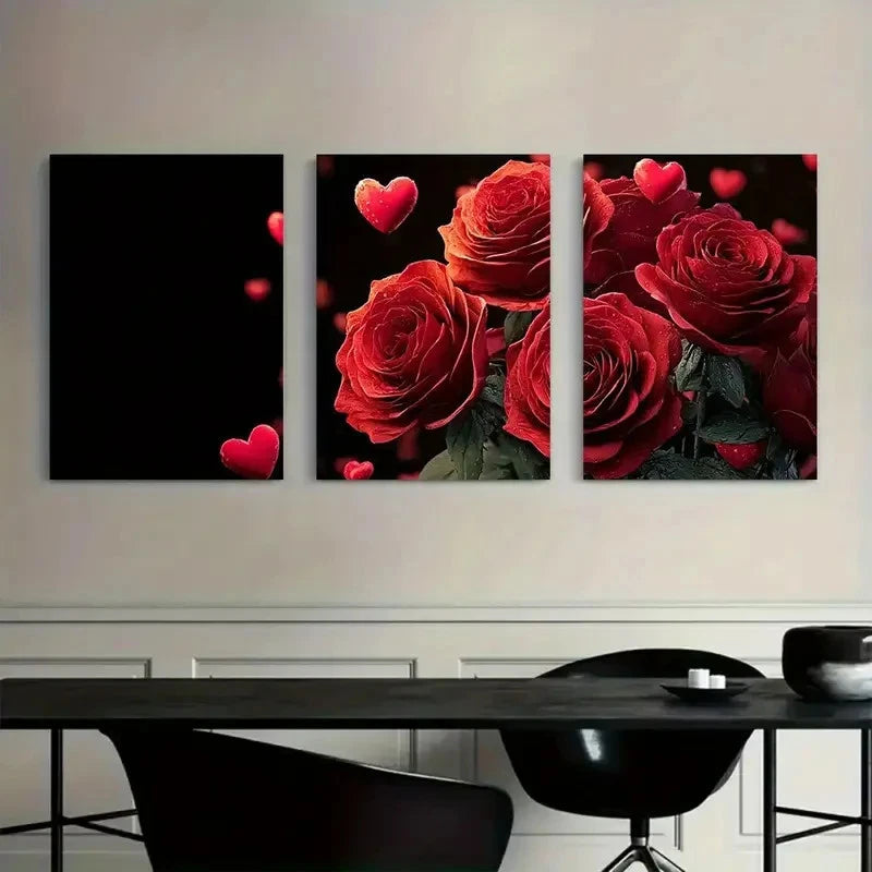 3pcs Red Roses Bouquet with Hearts Floral Painting Metal Print Ready to Hang Art