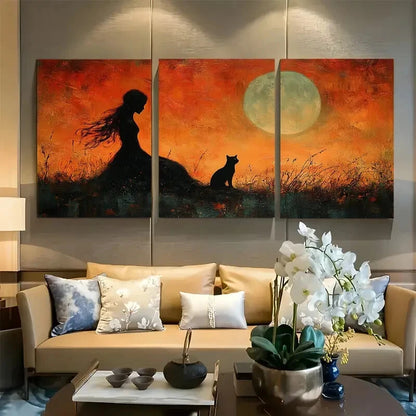 3pcs Mystical Witch Silhouette with Cat in Autumn Metal Print Ready to Hang Art