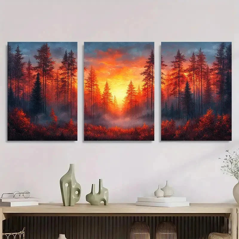 3pcs Sunrise Misty Forest Modern Metal Print Ready to Hang Art