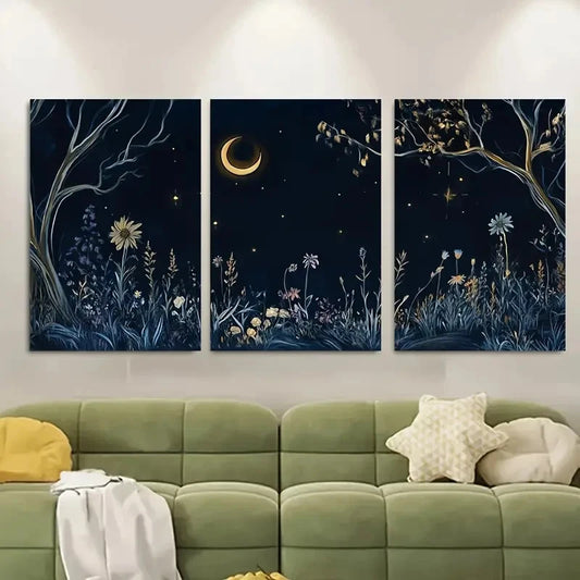 3pcs Floral Nightscape with Crescent Moon Metal Print Ready to Hang Art