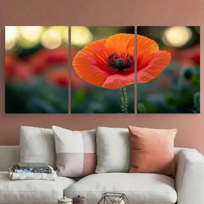3pcs Vibrant Red Orange Poppy Summer Botanical Metal Print Ready to Hang Art