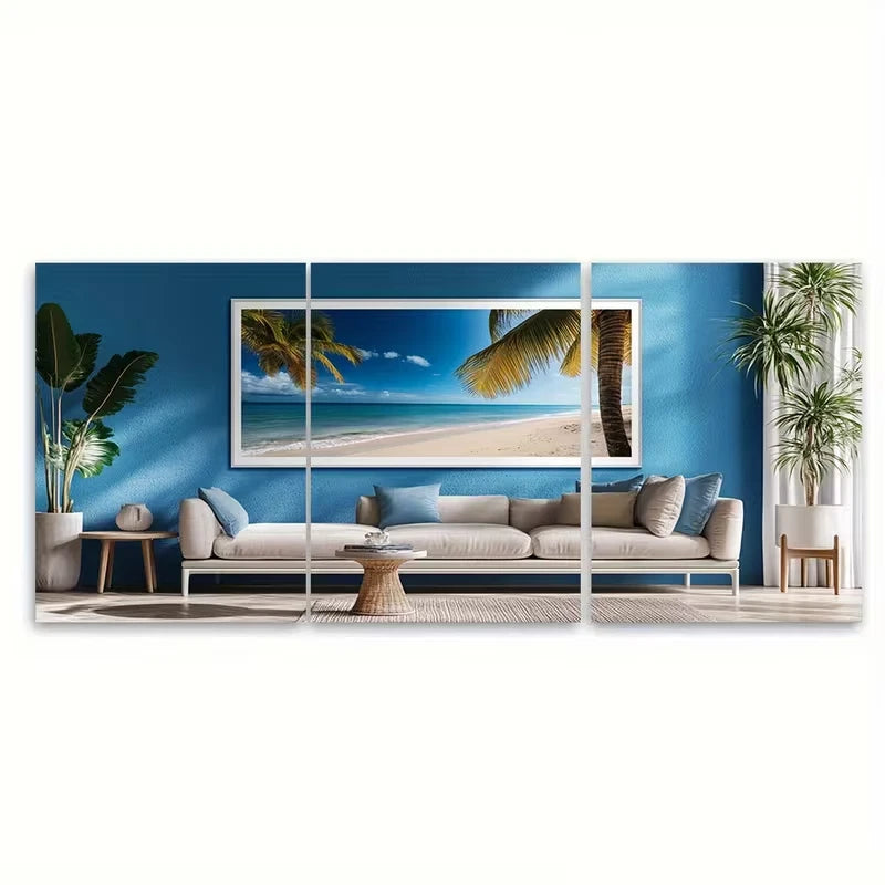 3pcs Caribbean Scene with Palm Trees & Ocean View Metal Print Ready to Hang Art