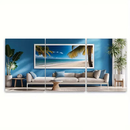 3pcs Caribbean Scene with Palm Trees & Ocean View Metal Print Ready to Hang Art