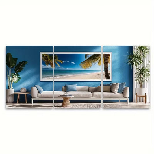 3pcs Caribbean Scene with Palm Trees & Ocean View Metal Print Ready to Hang Art