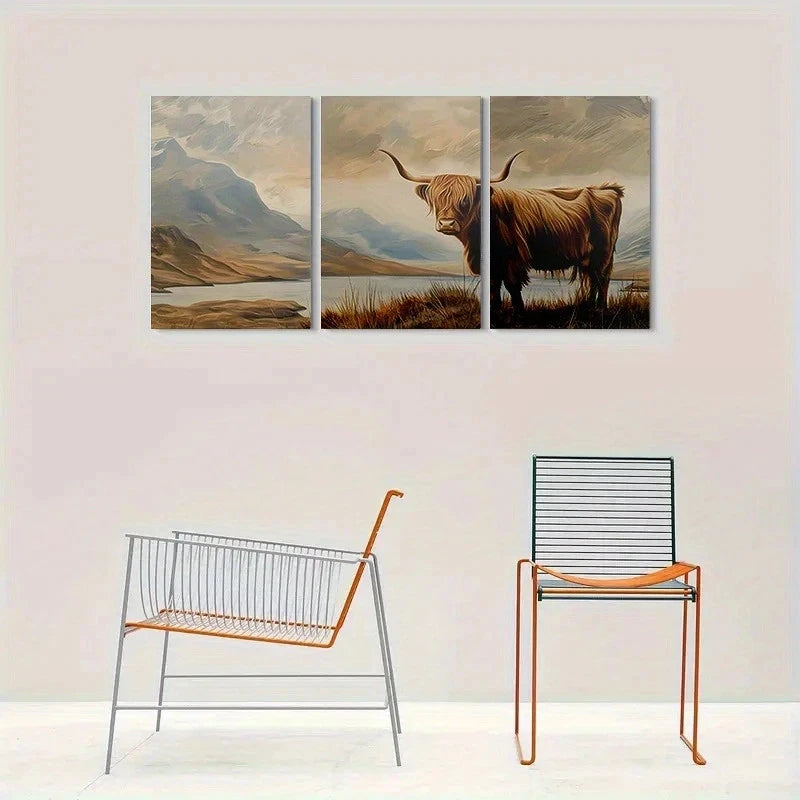3pcs Scenic Landscape Highland Cow Metal Print Ready to Hang Art