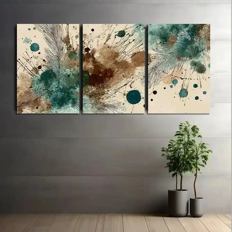 3pcs Brown and Teal Watercolor Splashes Metal Print Ready to Hang Art
