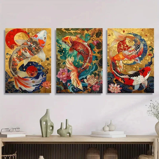 3pcs Japanese Koi Colorful Koi Painting Metal Print Ready to Hang Art