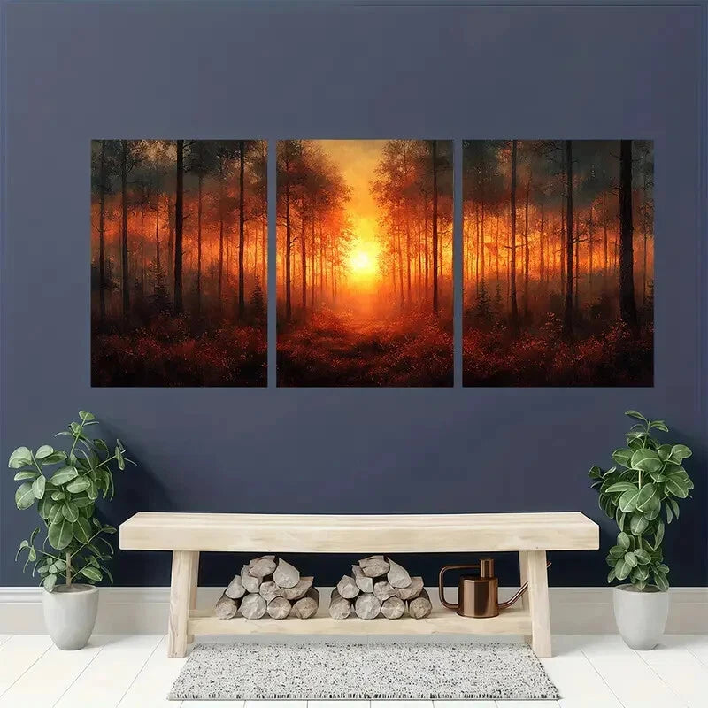 3pcs Sunrise Forest Watercolor Art Print Metal Print Ready to Hang Art